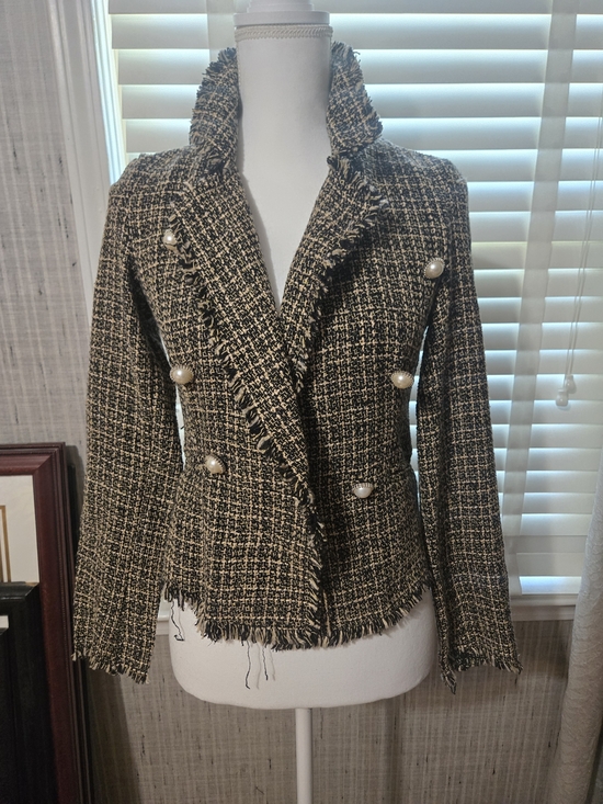 Parisian Works Jackets & Blazers - Boucle Checkered Frayed Blazer with Pearl Buttons - Black, Cream and Brown Sz 4